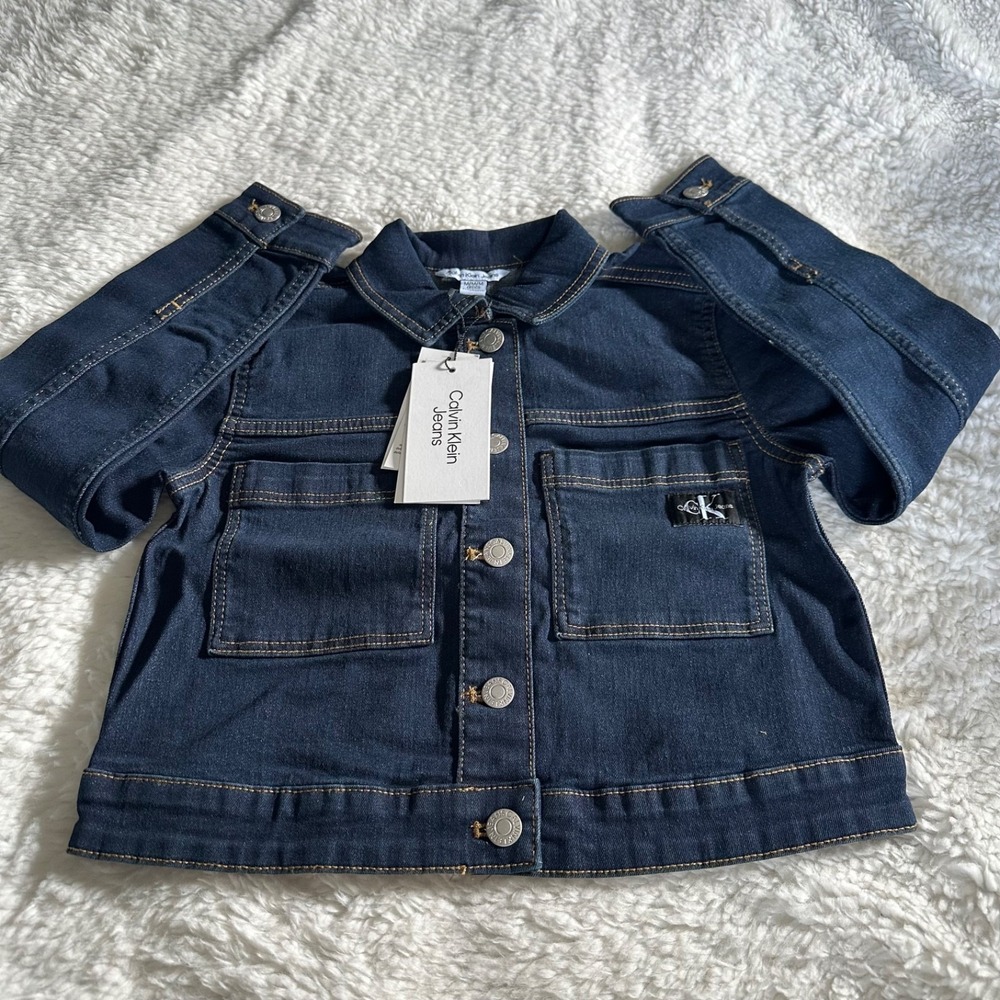 NWT Calvin Klein Jeans Girls Denim Trucker Jacket Dark Wash Stretch Size M (8/10